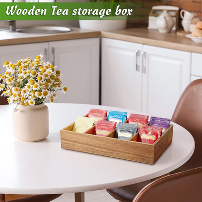 DRASTAR Tea Bag Organizer, Acacia Tea Bag Holder, Tea Storage Containers with 3 Slots, Wooden Tea Storage Accessories, Mini Tea Bag Caddy Box for Countertop