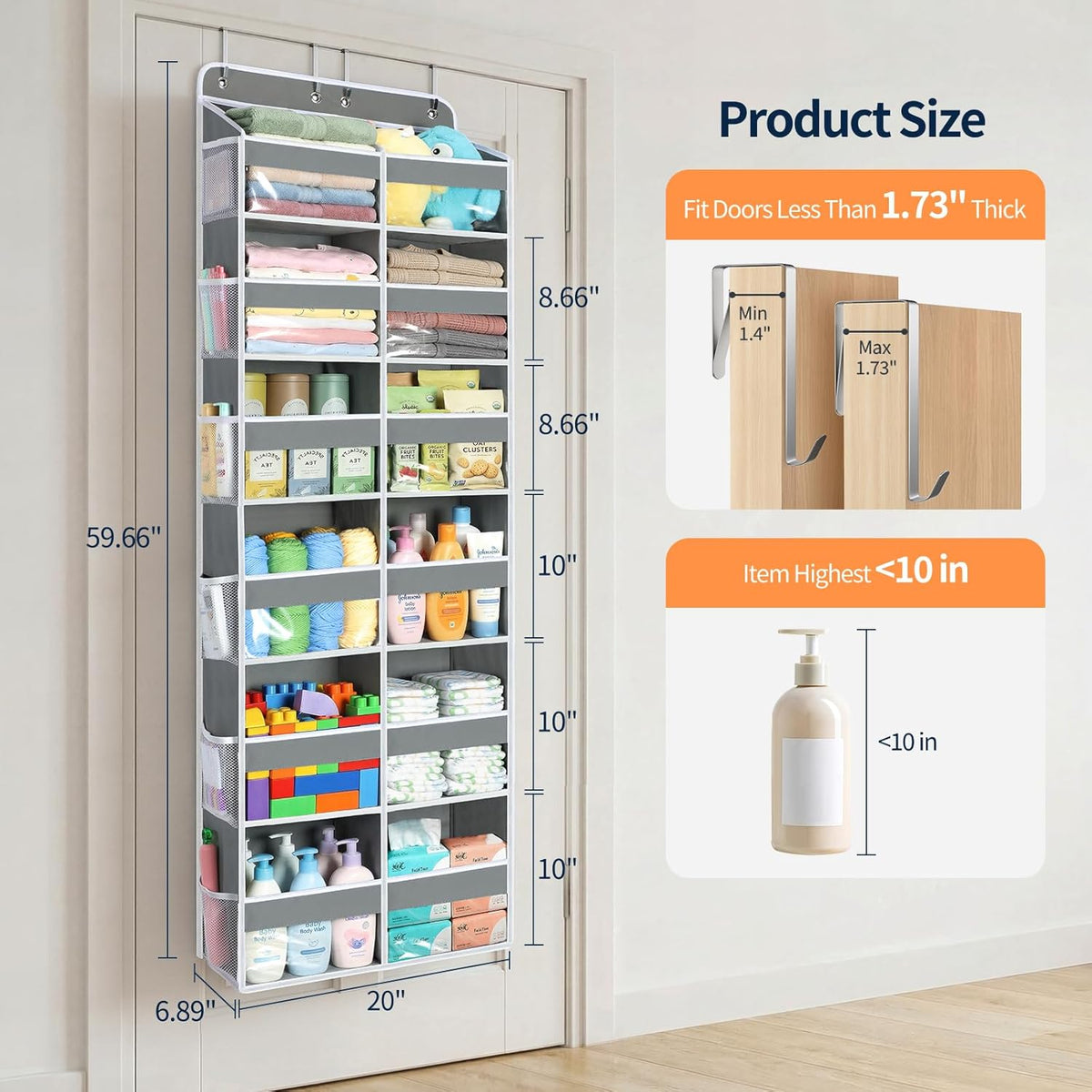 Yecaye Over The Door Organizer, 5 Tier Extra Large Behind Door Storage of 10 Compartments, 80lbs Heavy Duty Door Organizer Hanging with Clear Window for Closet Bedroom Pantry Bathroom, Grey