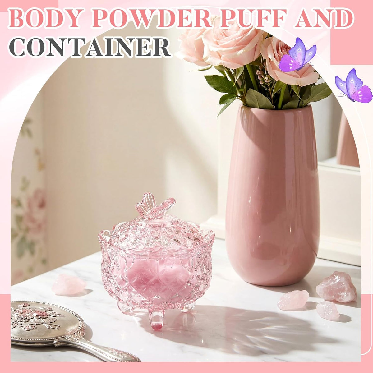 Tioncy 3 Pcs Large Body Powder Puff and Container Valentine's Day gift Powder Container with Puff Crystal Case Soft Washable Reusable Velour Face Body Glitter Wet Dry Makeup (Classic,Clear)