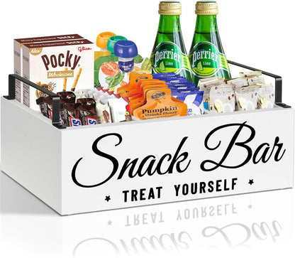 Snack Organizer for Countertop, Wood Pantry Storage Bins with Handles, Snack Bar Organizer for Kitchen, Office, 4 Compartment Food Container Snack Box with Drawer, Pantry Organizer for Chips, Candy