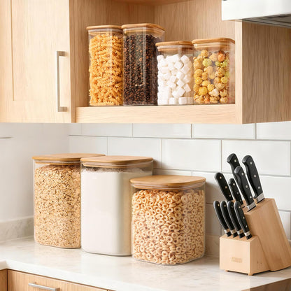 1Qt Airtight Glass Canisters with Bamboo Lid, Square Pantry Storage Containers for Coffee, Cookie, Candy, Snack, Nuts, Dry Goods - Kitchen & Pantry Organizers and Storage Containers