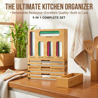 9 in 1 Storage Bag Organizer for Kitchen Drawer,Bamboo Foil and Plastic Wrap Dispenser with Cutter, Organizers Compatible Gallon, Quart, Sandwich Snack