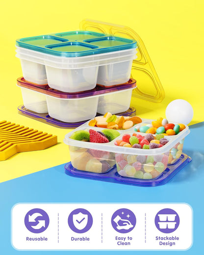 Canfanni 5 Pack Bento Snack Containers, 4 Compartment BPA-free Plastic Food Storage Containers, Divided Lunchable Container, Bento Lunch Box for Work and Travel