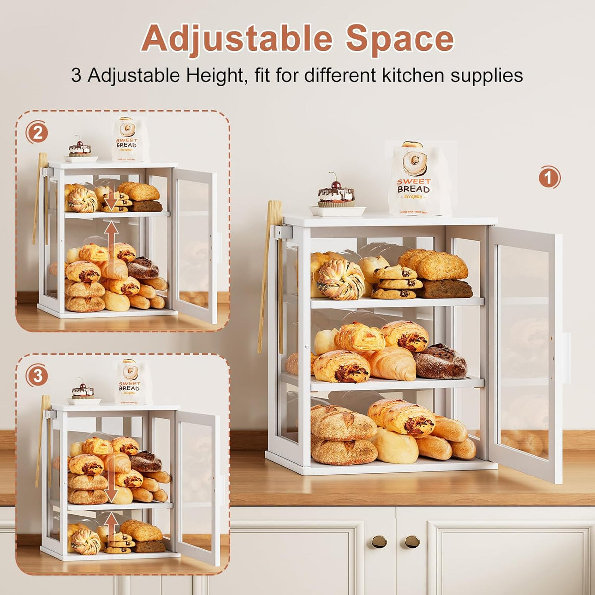 WOWLIVE Black Bread Box for Kitchen Countertop, Large 3 Layers Bread Storage Container for Homemade Bread with Window, Farmhouse Breadbox Organizer for Kitchen, Cabinet, Pantry (Black, Meduim)