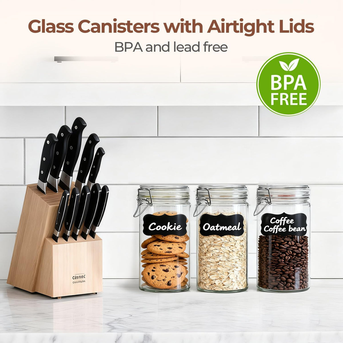 ComSaf 3-Pack 68oz 13-Inch Tall Glass Pasta Containers for Spaghetti & Long Pasta, Slender Airtight Canisters for Vertical Pantry Organization, Food Storage Jars for Linguine & Breadsticks