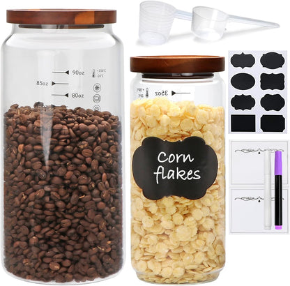 Glass Storage Containers with Lids,Glass Jars with Bamboo Lids, Canisters Set for Pasta, Nuts, Coffee Beans, Kitchen Pantry Organization Jar,Muti Size Set of 3,with Lables and Pen
