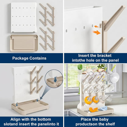 GoMaihe Baby Bottle Drying Rack: Space Saving Vertical Bottle Dryer Holder - Newborn Accessories Storage Stand Organize Brushes Pacifiers on Countertop - BPA-Free - Gray