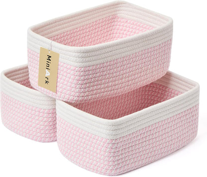 MiniArk Small Storage Baskets for Organizing | Closet Organizer Bins | Shelf Toy Basket | Woven Rope Baskets | Cube Decorative Box | Shallow Basket | L11.5xW7.5xH4.7| Brown