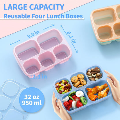 Bento Box Adult Lunch Box - 4 Pack, 5 - Compartment Meal Prep Container for Kids, Reusable Food Storage Snack Containers - Stackable for School, Work, and Travel (Wheat(Green/Blue/Pink/Beige))
