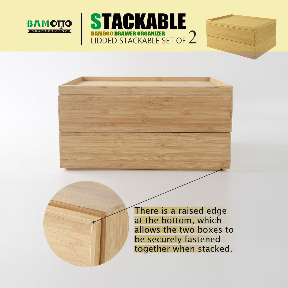 BAMOTTO CRAFTBAMBOO Stack Bamboo Drawer Organizer Set of 5, Kitchen Utensil, Flatware&Silverware Organizer-Wood Laminated Stackable for Kitchen, Bedroom, 13.4''x4.5''*2+10.2''x3.3''*2+10.2''x6.7''*1