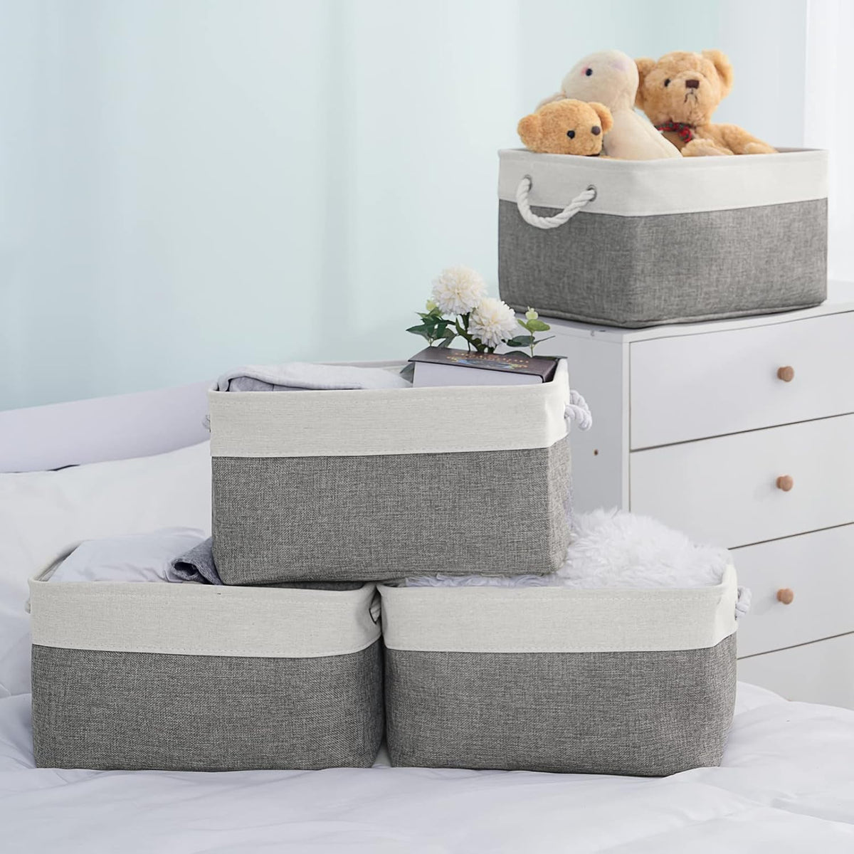 Fabric Storage Bins 12x8x5 inch [6-Pack] with Rope Handles - Decorative Baskets for Organizing