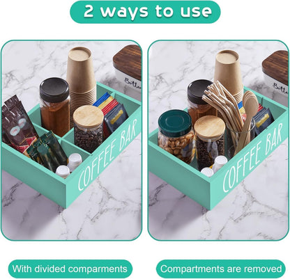 ALELION Coffee Station Organizer - Wood Countertop Accessories Organizer with Removable Dividers for Pods Condiment Syrup Tea Cups Stirrers - for Farmhouse Coffee Bar Decor