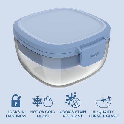 Bentgo Glass Prints Salad Container - 7.6-Cup Tinted Glass Salad Bowl with Airtight Lid, Leak-Proof Sauce Container, 4-Compartment Bento Meal Prep Tray & Reusable Fork (Floral Maximalist - Sea)