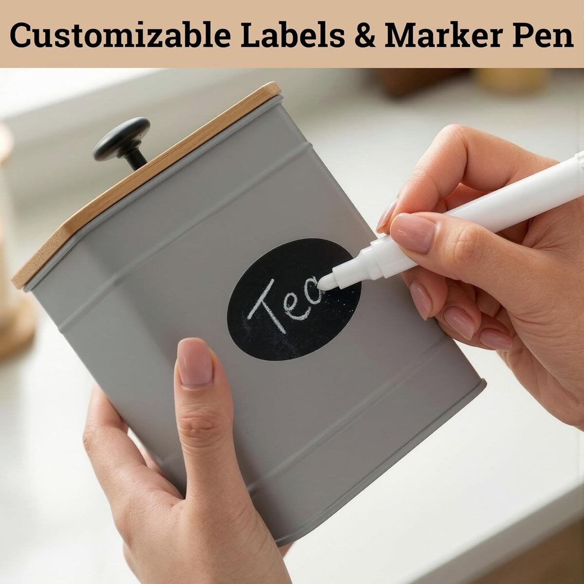 Kitchen Canisters for Countertop Set of 4 with Customizable Chalkboard Labels & Marker Pen - Big Iron Kitchen Canisters with Airtight Lids - Black Canister Set - Flour and Sugar Containers Farmhouse
