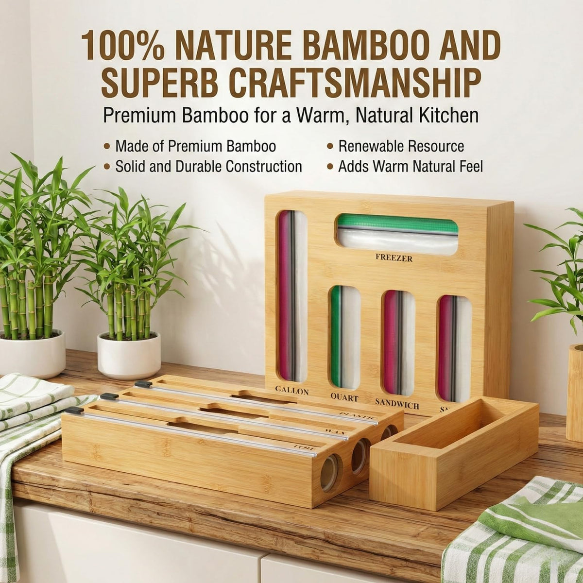 9 in 1 Storage Bag Organizer for Kitchen Drawer,Bamboo Foil and Plastic Wrap Dispenser with Cutter, Organizers Compatible Gallon, Quart, Sandwich Snack