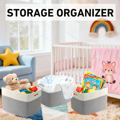 3 Pack Woven Rope Storage Baskets for Shelves,13.5"×11"×9.5" Storage Bins with Handles,Empty Gift Baskets,Nursery Organizer for Toys,Towels,Books,Closet,Living Room,Bedroom (White & Brown)