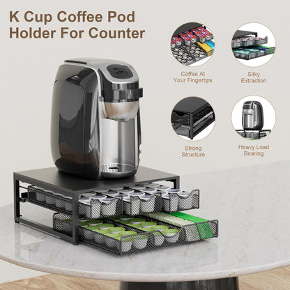 Coffee Pod Holder For Counter, 3 Pull-Out 72 K-Cup Holder Drawer, Wooden Cafe Pods Storage Organizer with Sliding Drawers for Coffee Station, Home, Kitchen, Office, Dorm (Black)