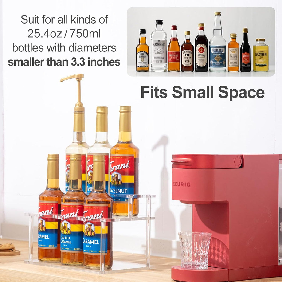 Acrylic Coffee Syrup Organizer, 2 Tier Coffee Syrup Rack (6 Bottle Capacity), Syrup Bottle Holder Stand for Coffee Bar, Kitchen Countertop Syrups, Condiments and Wine (Transparent)