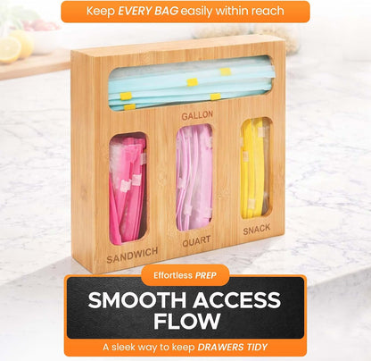 Earth’s Dreams Bamboo Kitchen Drawer Organizer – Resealable Food Storage Bag Holder for Gallon, Quart, Sandwich & Snack Sizes – Eco-Friendly Baggie Organizer for Plastic Storage Bags