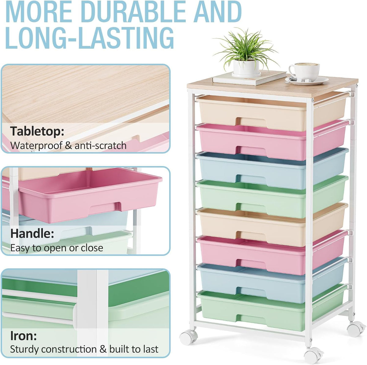 Rolling Cart with Drawers, Pink Cart with 8 Plastic Drawer Storage and Wooden Tabletop, Craft Storage, Teacher Cart, Storage Cart on Wheels, Rose Pink