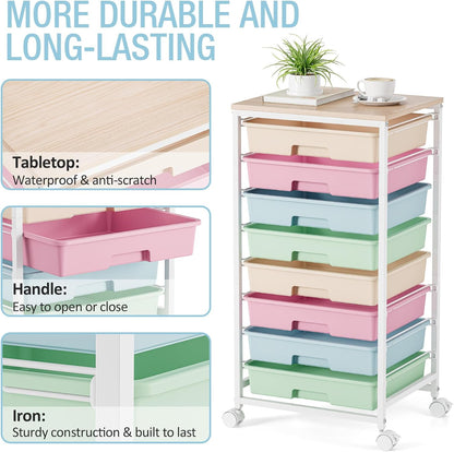 Rolling Cart with Drawers, Pink Cart with 8 Plastic Drawer Storage and Wooden Tabletop, Craft Storage, Teacher Cart, Storage Cart on Wheels, Rose Pink