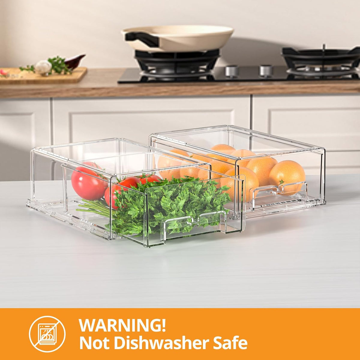 BOICHU 2 Pack Stackable Storage Drawers - Clear Refrigerator Drawers for Refrigerator Organizers and Storage, Acrylic Fridge Drawer Organizer with Handles for Bathroom, Undersink, Cabinet, Pantry, etc