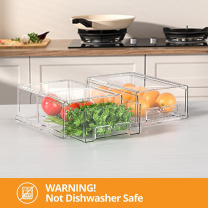 BOICHU 2 Pack Stackable Storage Drawers - Clear Refrigerator Drawers for Refrigerator Organizers and Storage, Acrylic Fridge Drawer Organizer with Handles for Bathroom, Undersink, Cabinet, Pantry, etc