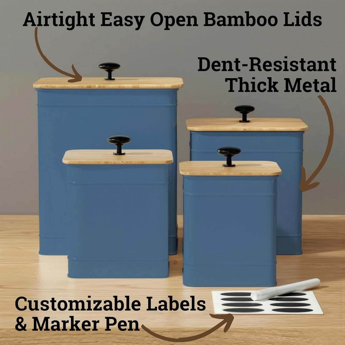 Kitchen Canisters for Countertop Set of 4 with Customizable Chalkboard Labels & Marker Pen - Big Iron Kitchen Canisters with Airtight Lids - Black Canister Set - Flour and Sugar Containers Farmhouse