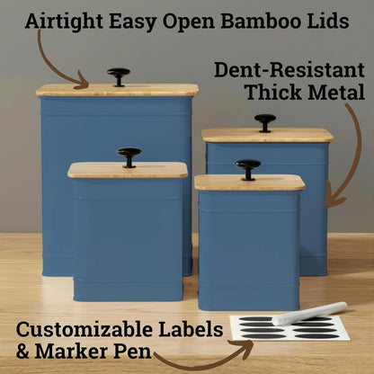 Kitchen Canisters for Countertop Set of 4 with Customizable Chalkboard Labels & Marker Pen - Big Iron Kitchen Canisters with Airtight Lids - Black Canister Set - Flour and Sugar Containers Farmhouse