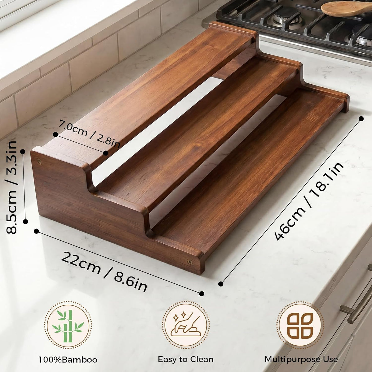 Spice Rack Organizer for Cabinet, 18in Bamboo Tiered Spice Rack，Used for Kitchen Countertops and Food Storage Room Organizer，Specially Designed for Jars and Spice Bottles(Bamboo, L)
