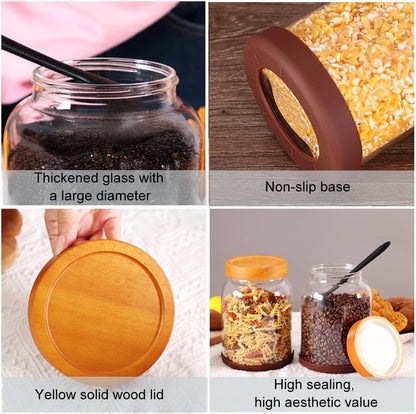 SAIOOL 2-Pack Striped Borosilicate Glass Airtight Canisters - Big mouth Large Capacity, Acacia Wood Lid, Food Storage Jars for Flour, Pasta, Pantry Organization (1/2 Gallon （Yellow Press lid 2 pack）)