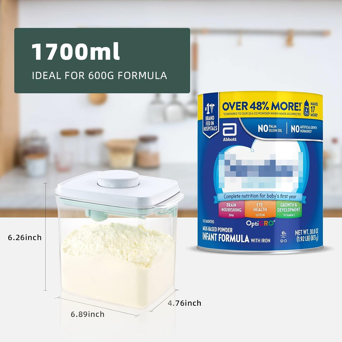 Formula Container to Go- 1700ml Pop Top Milk Powder Container, BPA-Free Airtight Formula Dispenser with Scoop and Scraper, 21OZ, 1.32LB, 600g, Clear