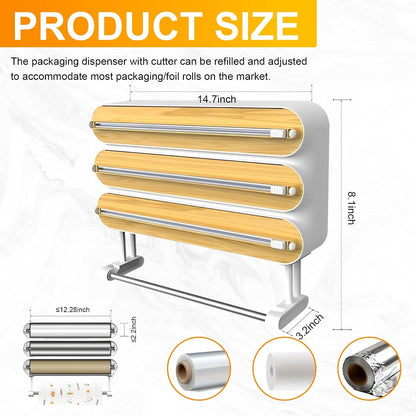 4in1 Plastic Wrap Dispenser with Cutter Aluminum Foil Organizer Wrapping Paper Storage and Kitchen Towel Holder Ideal for Kitchen Organization and Countertop Space Saving
