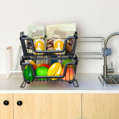 LOTTS Stackable wire basket for pantry, Metal Pantry basket, Storage Organizer Bin with Handles, Fruit basket for Kitchen Cabinets, Pantry, Closets, Bedrooms, Bathrooms (12.6×6.5×7.6")