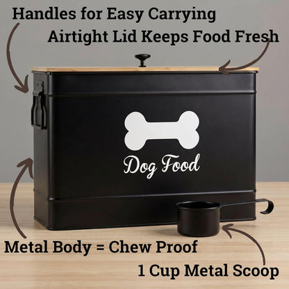 Dog Food Container Airtight 15-20 lb (70 Cup) Capacity with Metal Scoop - Cute Airtight Dog Food Storage Container with Bamboo Lid - Black Metal Kibble Storage Bin for Dogs up to 100 lbs - Big Pet Jar