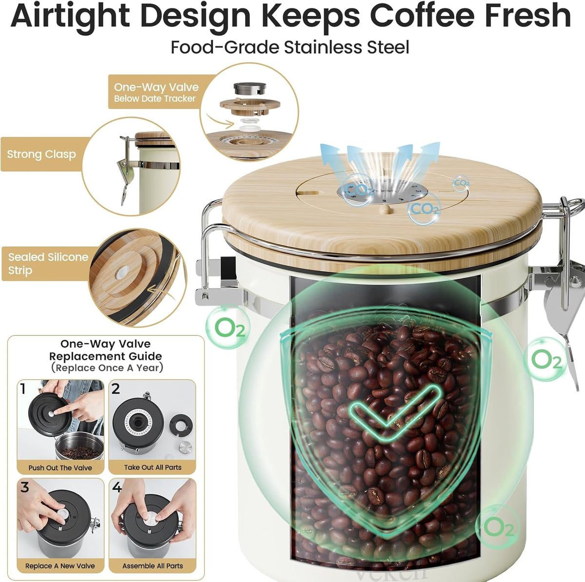 Veken Coffee Canister with Window, Family Choice Awards Winner, Airtight Stainless Steel Home Kitchen Food Storage Container with Lids for Grounds, Beans, Tea, Flour,Cereal,Sugar Jars,Scoop,16OZ,Black