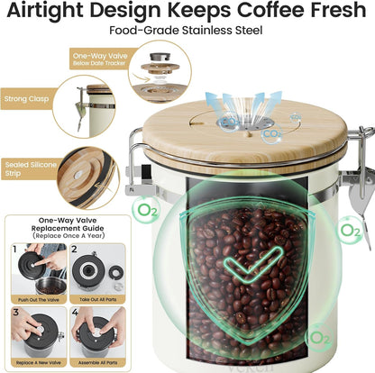 Veken Coffee Canister with Window, Family Choice Awards Winner, Airtight Stainless Steel Home Kitchen Food Storage Container with Lids for Grounds, Beans, Tea, Flour,Cereal,Sugar Jars,Scoop,16OZ,Black