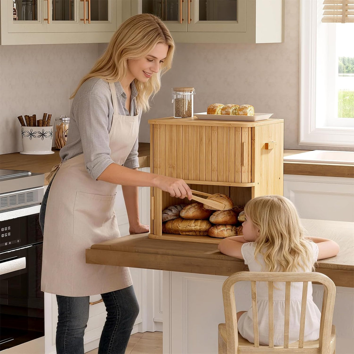 WOWLIVE Bread Box for Kitchen Countertop, Large Roll Top Bread Boxes with Sliding Door, Airtight Bread Storage Container for Loaves, Pastries & Bagels, Bamboo Counter Organizer (Natural, Medium)