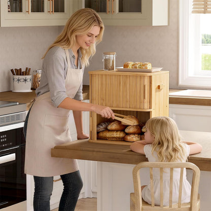 WOWLIVE Bread Box for Kitchen Countertop, Large Roll Top Bread Boxes with Sliding Door, Airtight Bread Storage Container for Loaves, Pastries & Bagels, Bamboo Counter Organizer (Natural, Medium)