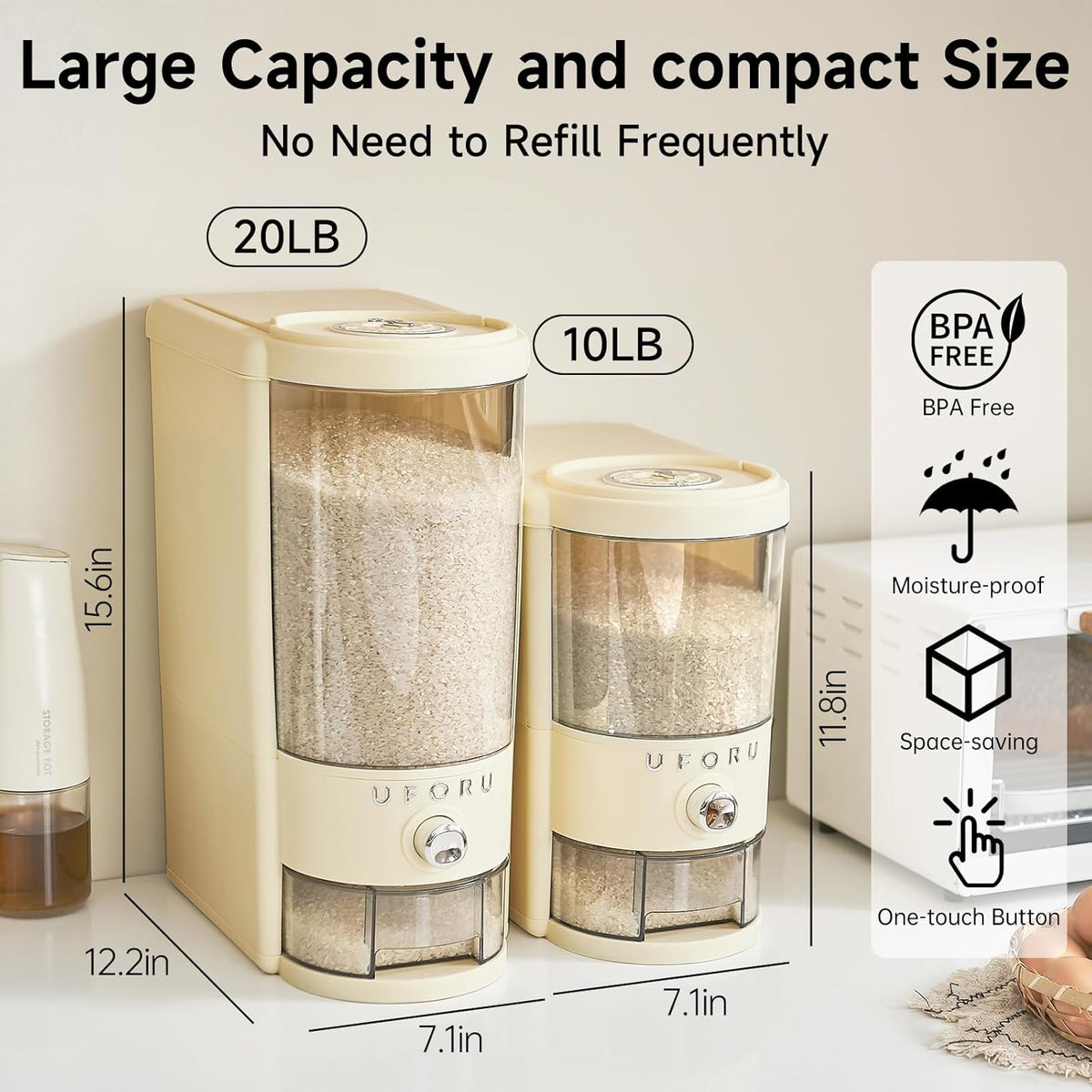 UFORU Rice Dispenser, Rice Storage Container with Measuring Cup for Kitchen Pantry Household, Cereal Dry Food Storage Containers Airtight, Sealed Moisture Proof (Brown 11 Lbs)
