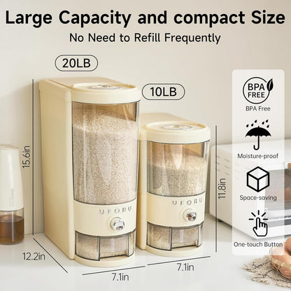 UFORU Rice Dispenser, Rice Storage Container with Measuring Cup for Kitchen Pantry Household, Cereal Dry Food Storage Containers Airtight, Sealed Moisture Proof (Brown 11 Lbs)