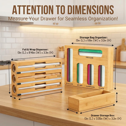 9 in 1 Storage Bag Organizer for Kitchen Drawer,Bamboo Foil and Plastic Wrap Dispenser with Cutter, Organizers Compatible Gallon, Quart, Sandwich Snack