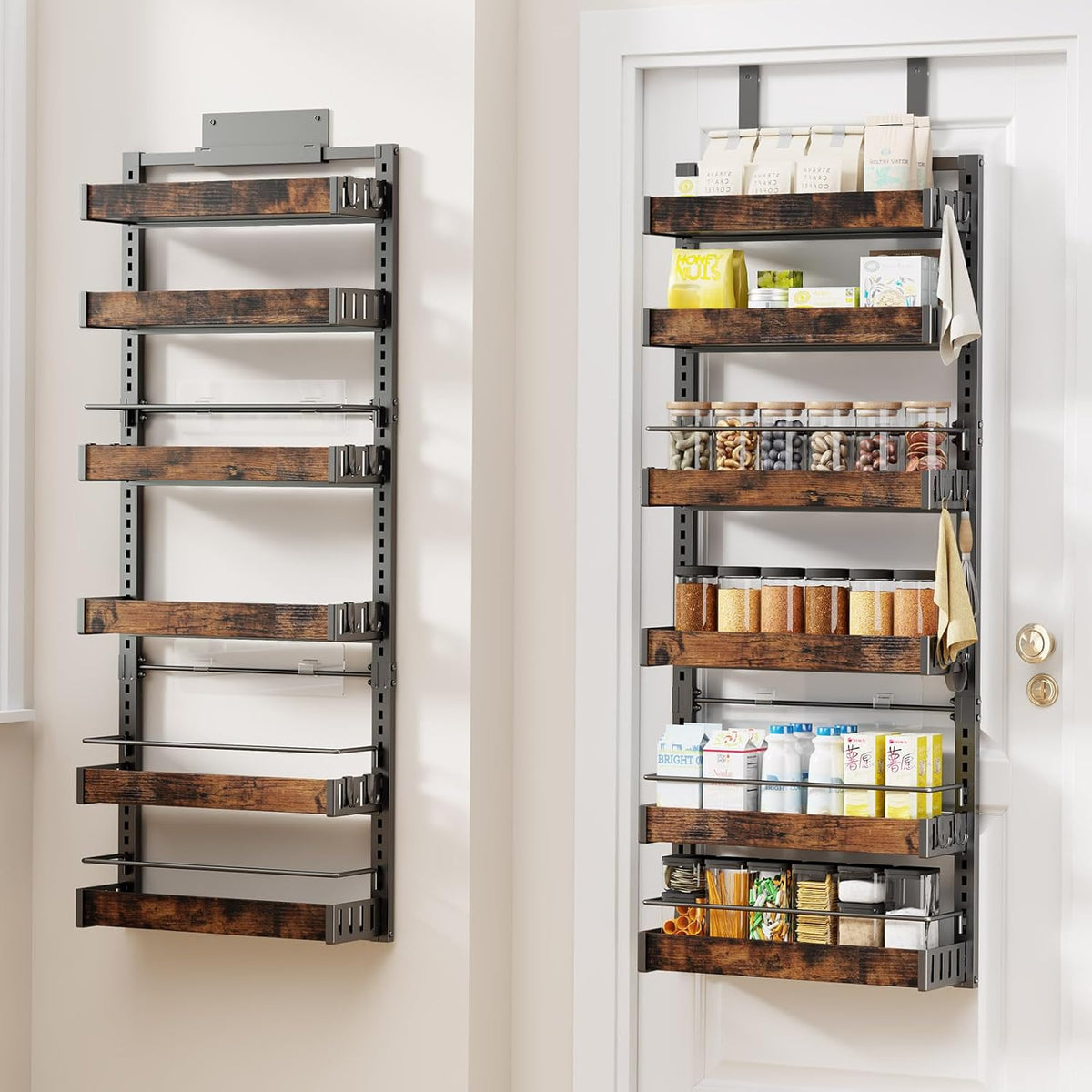 8 Tier Over The Door Pantry Organizer, 2 IN 1 Wall Mount or Metal Hanging Spice Rack for Pantry Organizers and Storage, Seasoning Shelves，Adjustable Basket with Hooks for Kitchen Cabinet and Closet
