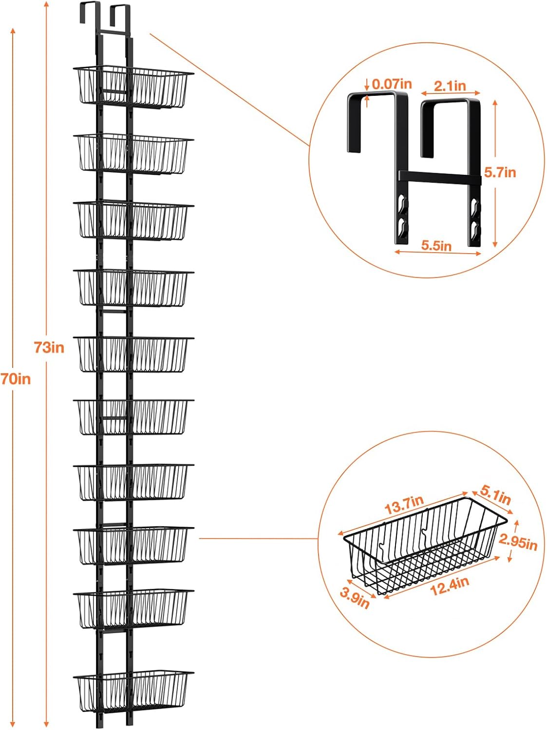 10 Tier Over the Door Pantry Organizer, Over the Door Spice Rack with Adjustable Baskets, Metal Hanging Door Pantry Organizers and Storage for Kitchen Bathroom Bedroom, White