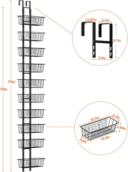 10 Tier Over the Door Pantry Organizer, Over the Door Spice Rack with Adjustable Baskets, Metal Hanging Door Pantry Organizers and Storage for Kitchen Bathroom Bedroom, White