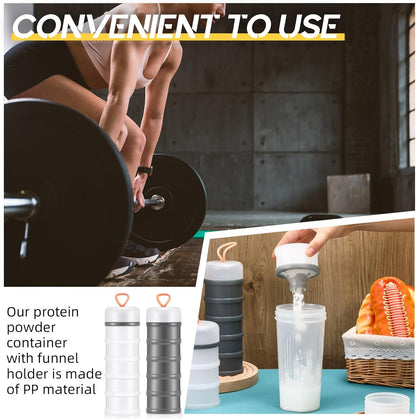 Baderke 4 Pcs Protein Powder Container 5 Layers Stackable Leakproof Container Powder Dispenser with Funnels Stand Keychain Flour Canister for Workout Fitness(Gray, White)