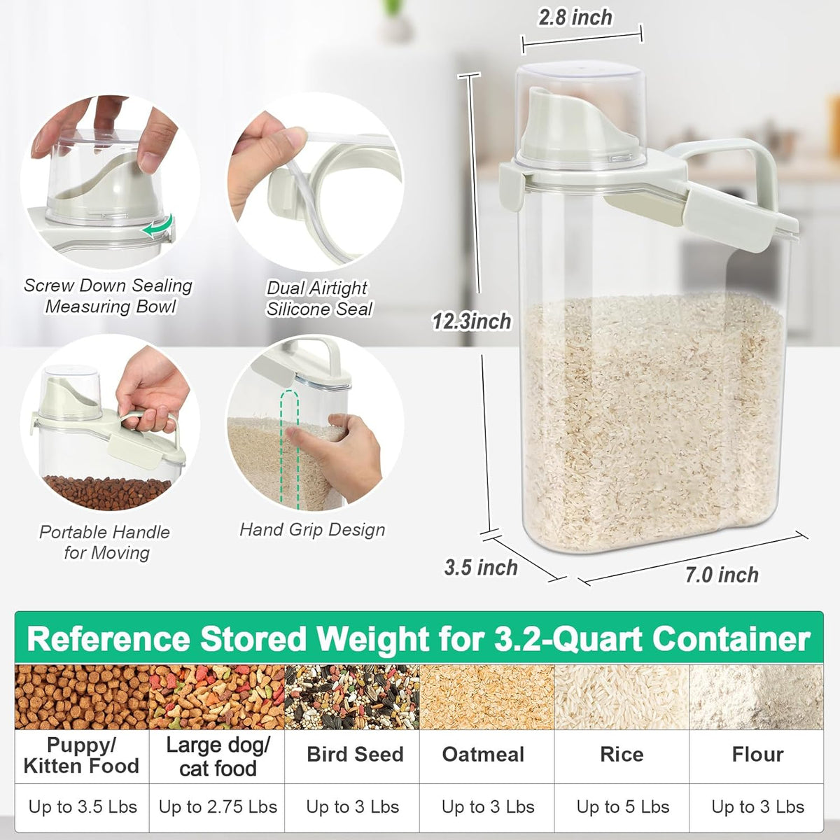 TBMax Rice Container Cereal Storage Container 2 Pack 5 Lbs, Kitchen Pantry Dry Food Storage Holder with Easy-Pouring Spout & Handy Cup, Small Pet Dog Cat Food Dispenser for Daily Feeding -Grey
