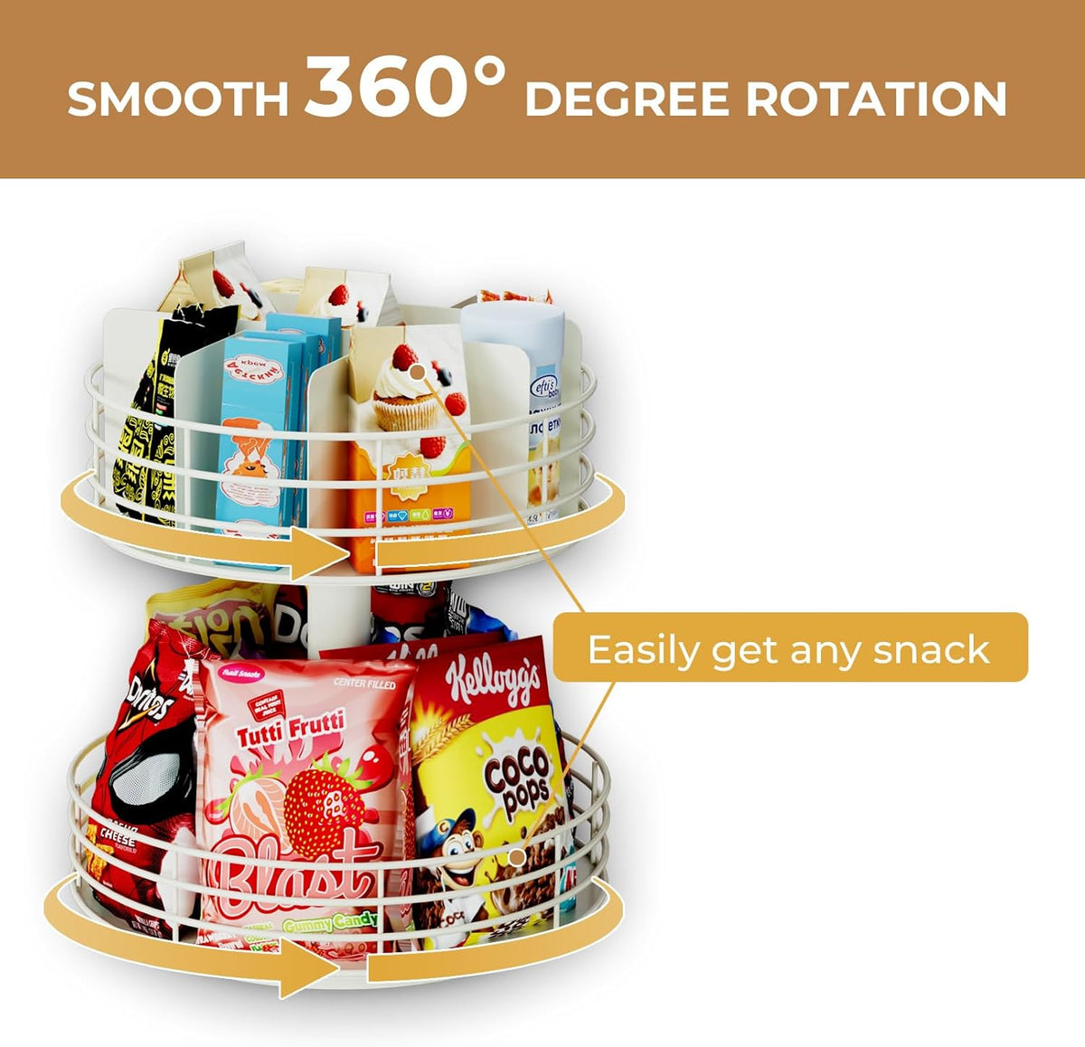 Snack Organizer - Versatile Snack Storage 2 Tier Lazy Susan with Convenient Grab-and-Go Design, Wood and Metal Snack Holder for Home, Office, Breakroom, 12.13" L x 12.13" W x 12.56" H