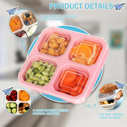 6 Pack Bento Box, 4 Compartment Lunchable Snack Containers with Lids for Meal Prep, School, Travel, Reusable Divided Lunch Food Container for Adults, Kids, Toddlers