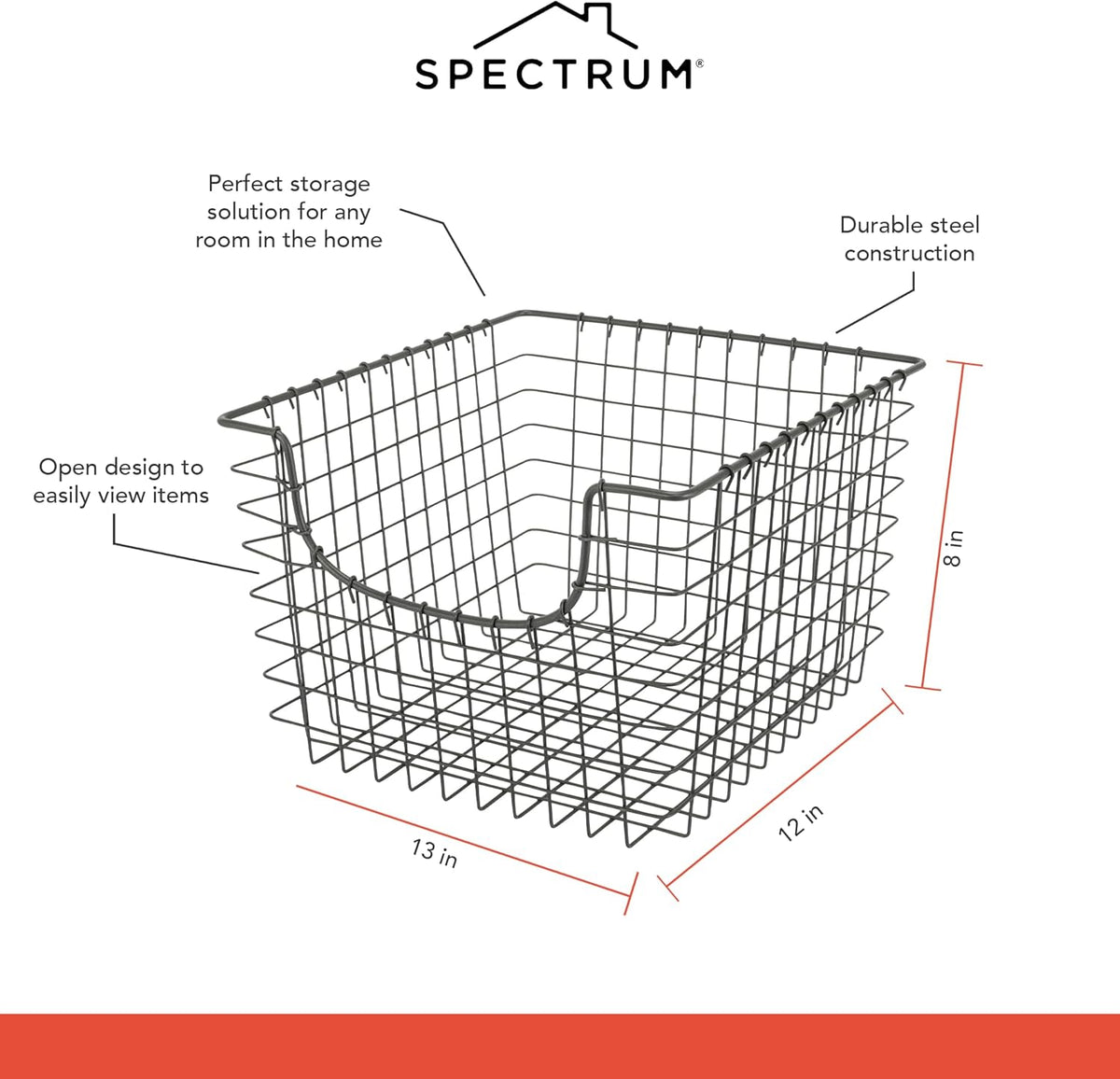 Spectrum Wire Scoop Basket Storage Bin Industrial Gray Medium Metal Wire Basket Organizer for Kitchen Pantry Wire Storage Bins, Heavy Duty Rectangle Wire Storage for Kitchen Organization